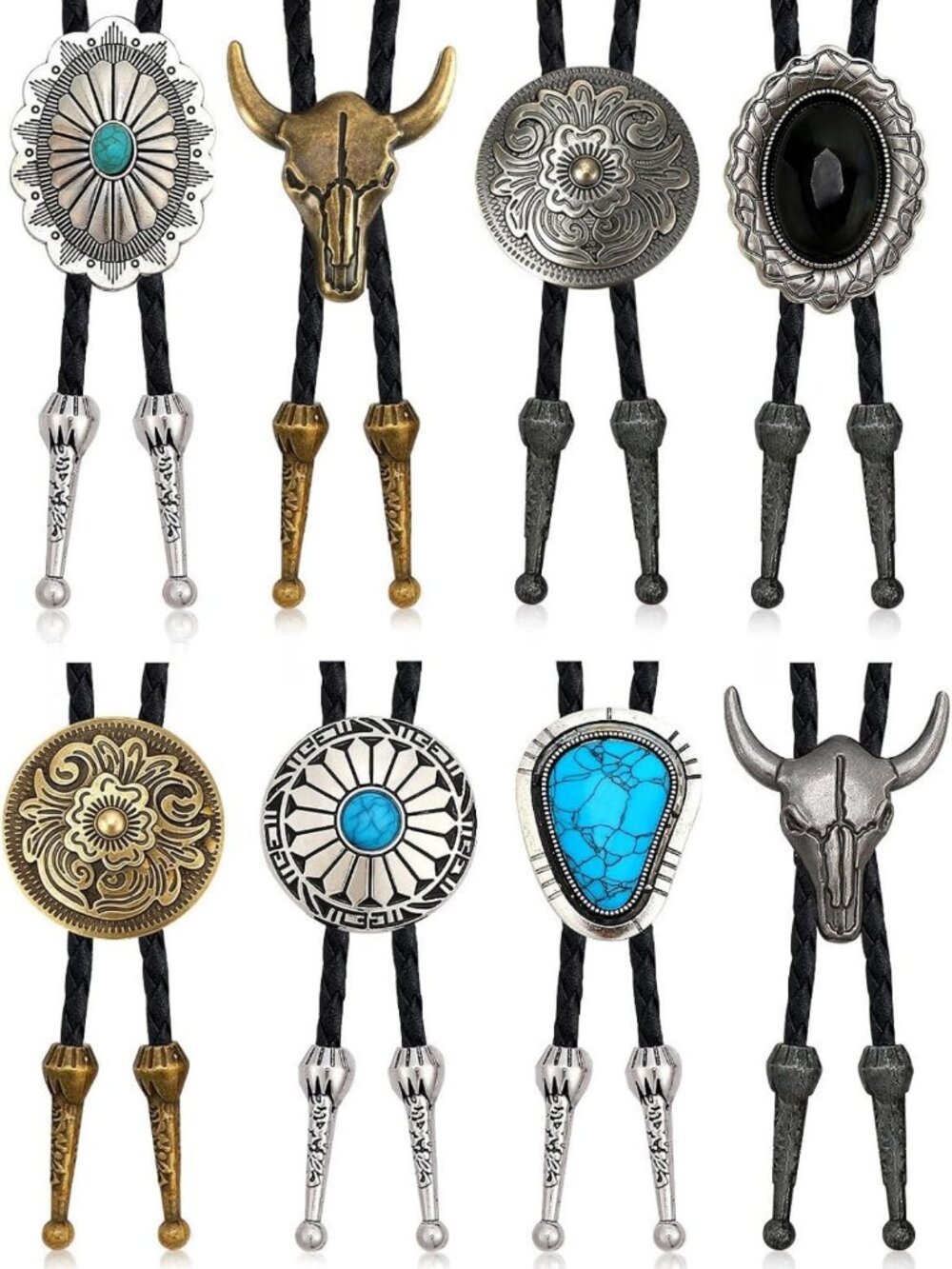 8-Piece Vintage Bolo Tie Set | Adjustable Western Leather Neckties | Cowboy